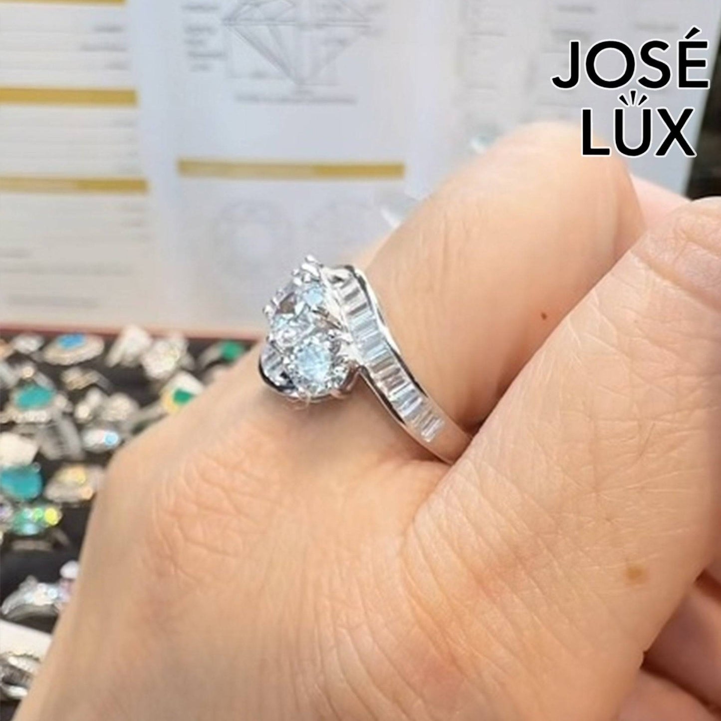 Handmade Bypass Swirl Three-Stone Moissanite Ring — 925 Sterling Silver, Rhodium Plated White Gold Finish, GRA Moissanite