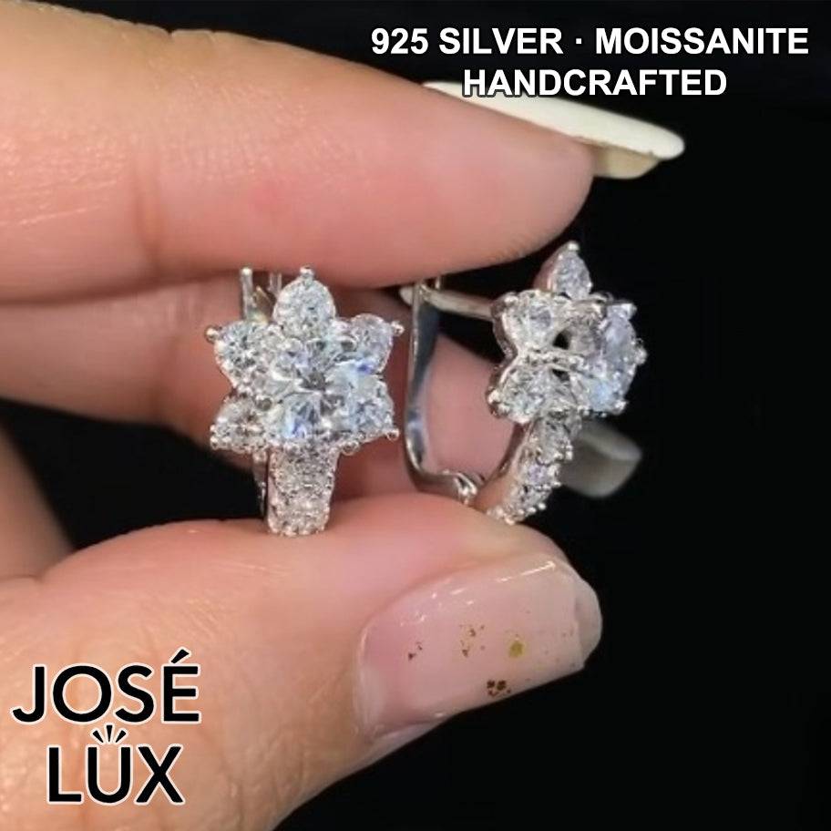 Handmade Moissanite Star Flower Lever Back Earrings — 925 Sterling Silver, Rhodium Plated White Gold Finish, GRA Moissanite