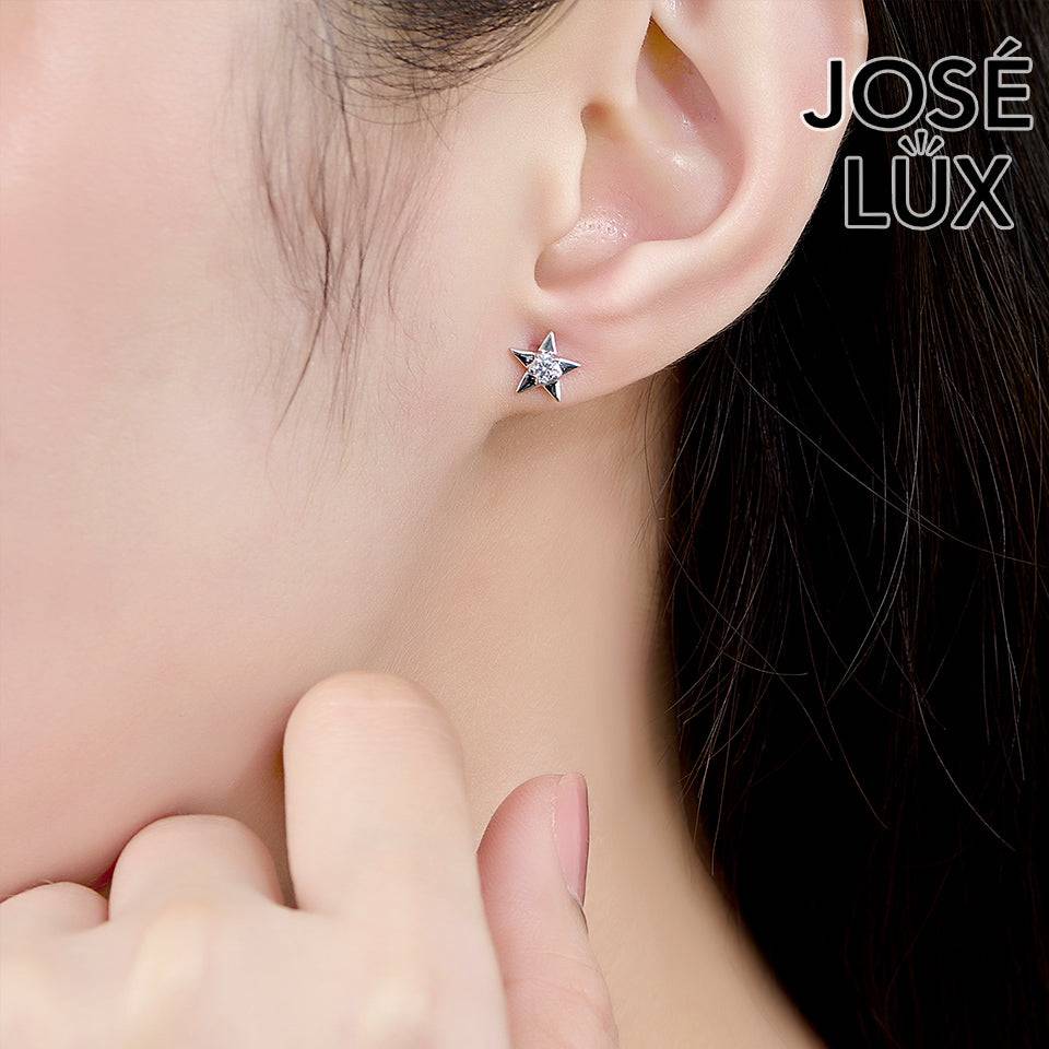 Handmade Star Stud Earrings — 925 Sterling Silver, Rhodium Plated White Gold Finish, Swiss CZ Center Stone