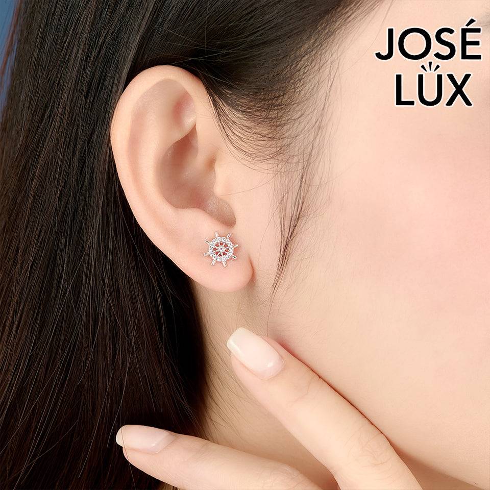 Handmade Ship Wheel Stud Earrings — 925 Sterling Silver, Rhodium Plated White Gold Finish, Swiss CZ