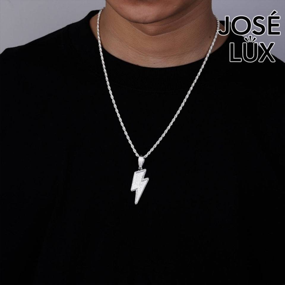 Handmade Iced Out Lightning Bolt Pendant Necklace for Men — 925 Sterling Silver, Rhodium Plated White Gold Finish, Swiss CZ