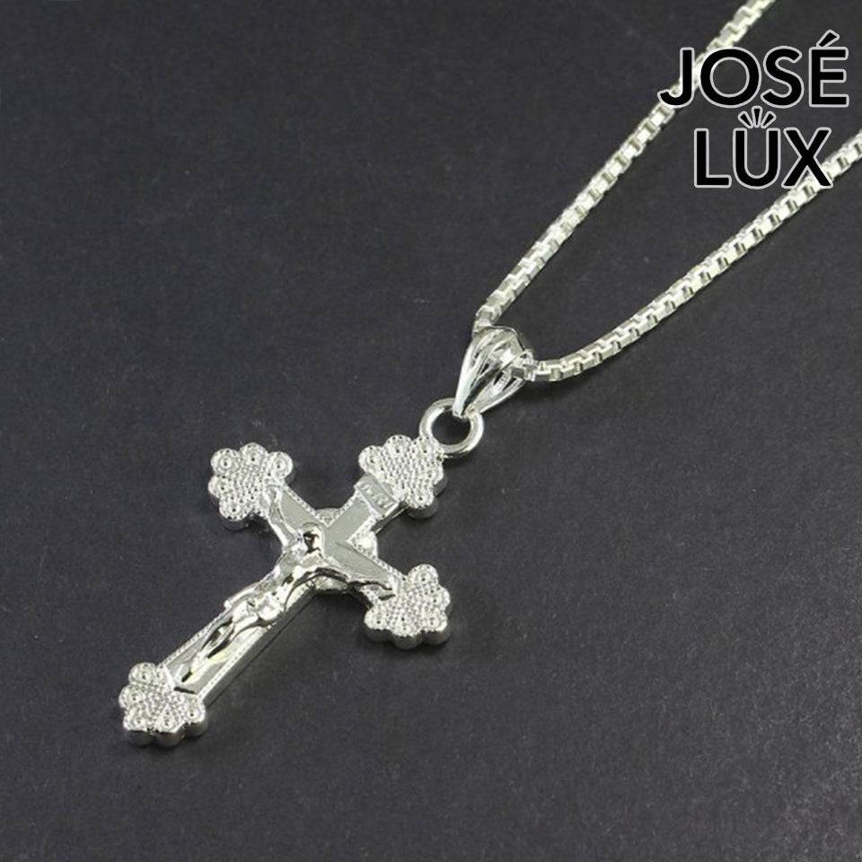Handmade 925 Sterling Silver Crucifix Pendant Necklace for Men — Rhodium Plated White Gold Finish, Sculpted Jesus Corpus, Ornate Trefoil Arm Caps