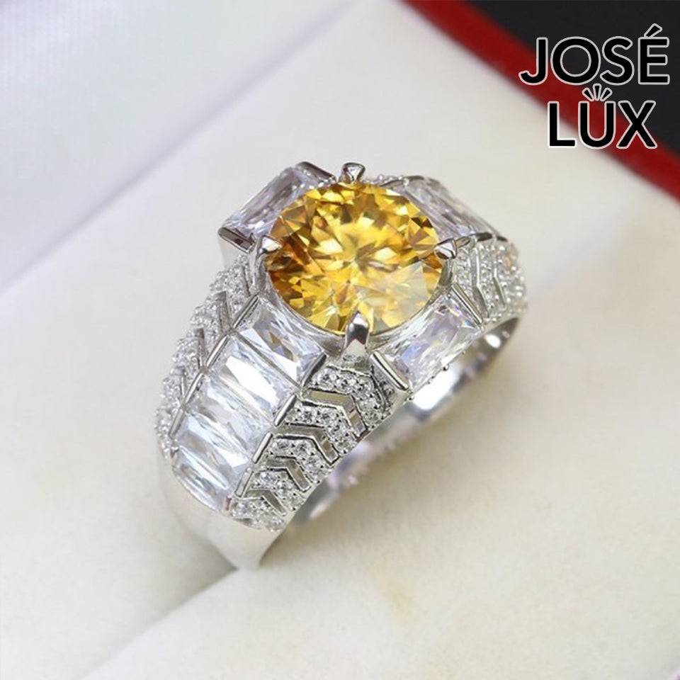 Handmade Men's Round Center Ring with Baguette Side Stones and Chevron Pavé — 925 Sterling Silver, Rhodium Plated White Gold Finish, Moissanite & CZ