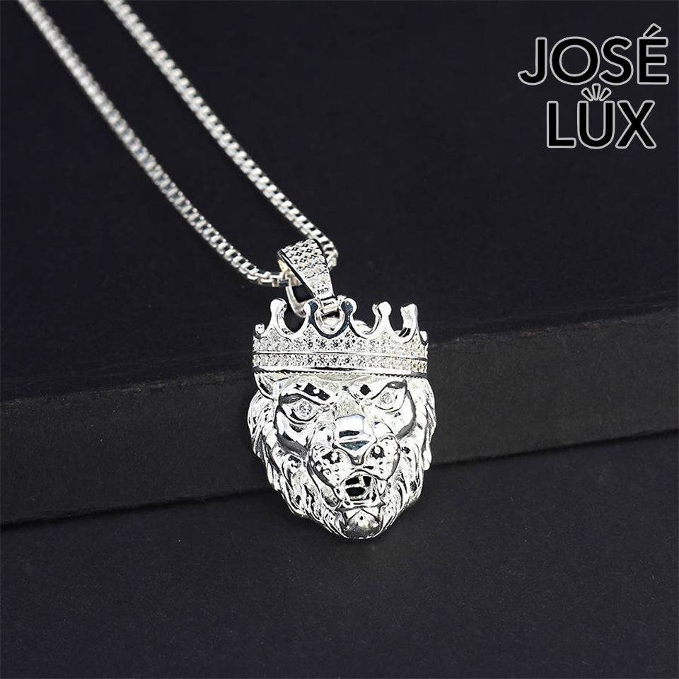 Handmade Lion King Crown Pendant Necklace for Men — 925 Sterling Silver, Rhodium Plated White Gold Finish, Swiss CZ