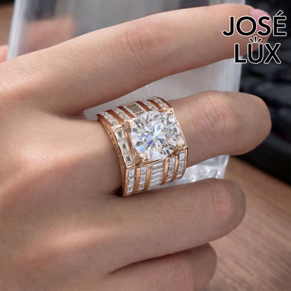 Handmade Men's Vertical Baguette Channel Set Ring — 925 Sterling Silver, Rose Gold Plated Finish, 12mm Moissanite & CZ