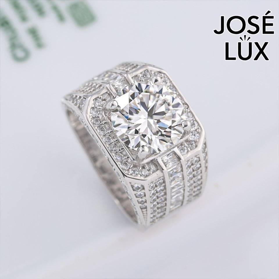 Handmade Men's Square Halo Ring with Baguette Channel — 925 Sterling Silver, Rhodium Plated White Gold Finish, Moissanite & CZ