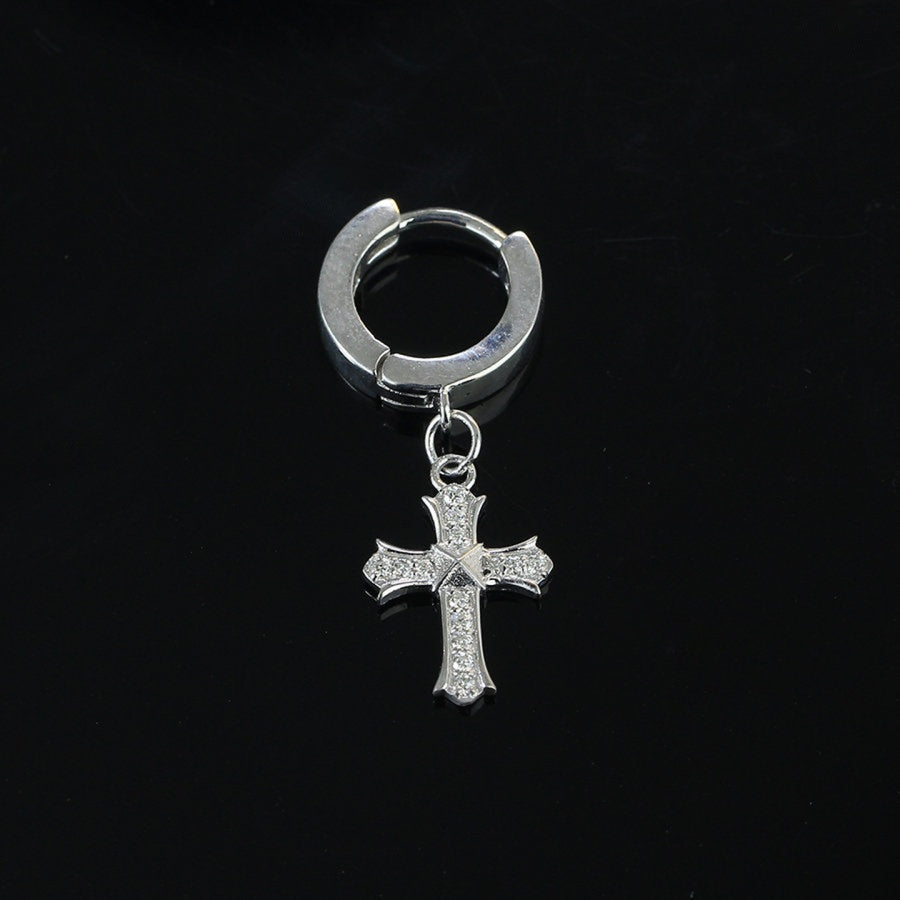 Front view of Sterling Silver Moissanite Cross Charm Huggie Hoop for Men featuring shimmering moissanite stones and sleek hoop design.