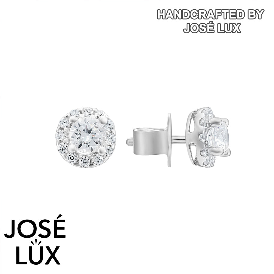 Handmade Round Halo Stud Earrings — 925 Sterling Silver, Rhodium Plated White Gold Finish, Swiss CZ