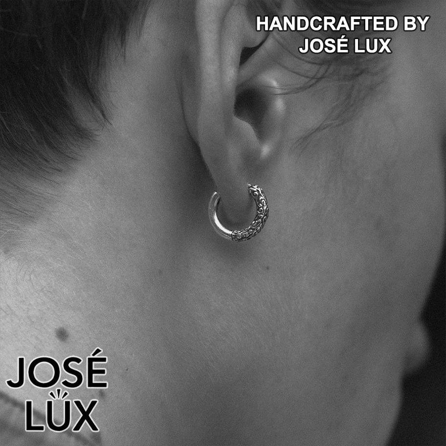 Handmade Engraved Huggie Hoop Earring — Men's 925 Sterling Silver, Hand-Oxidized Black & Silver Finish
