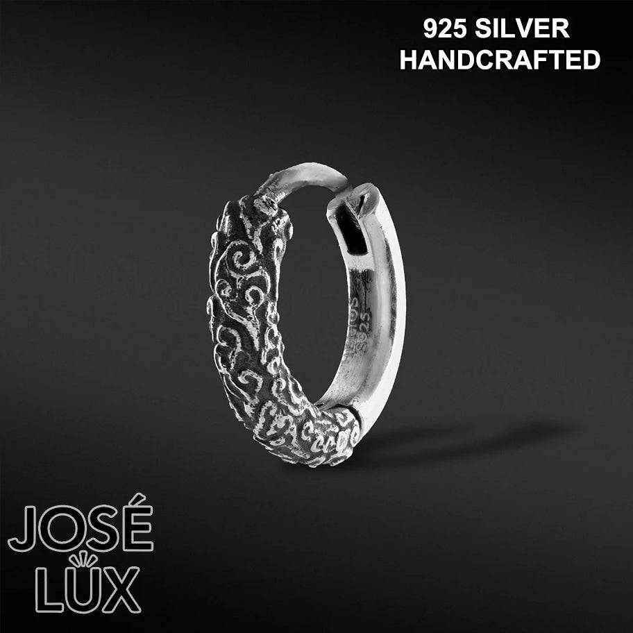 Handmade Engraved Huggie Hoop Earring — Men's 925 Sterling Silver, Hand-Oxidized Black & Silver Finish