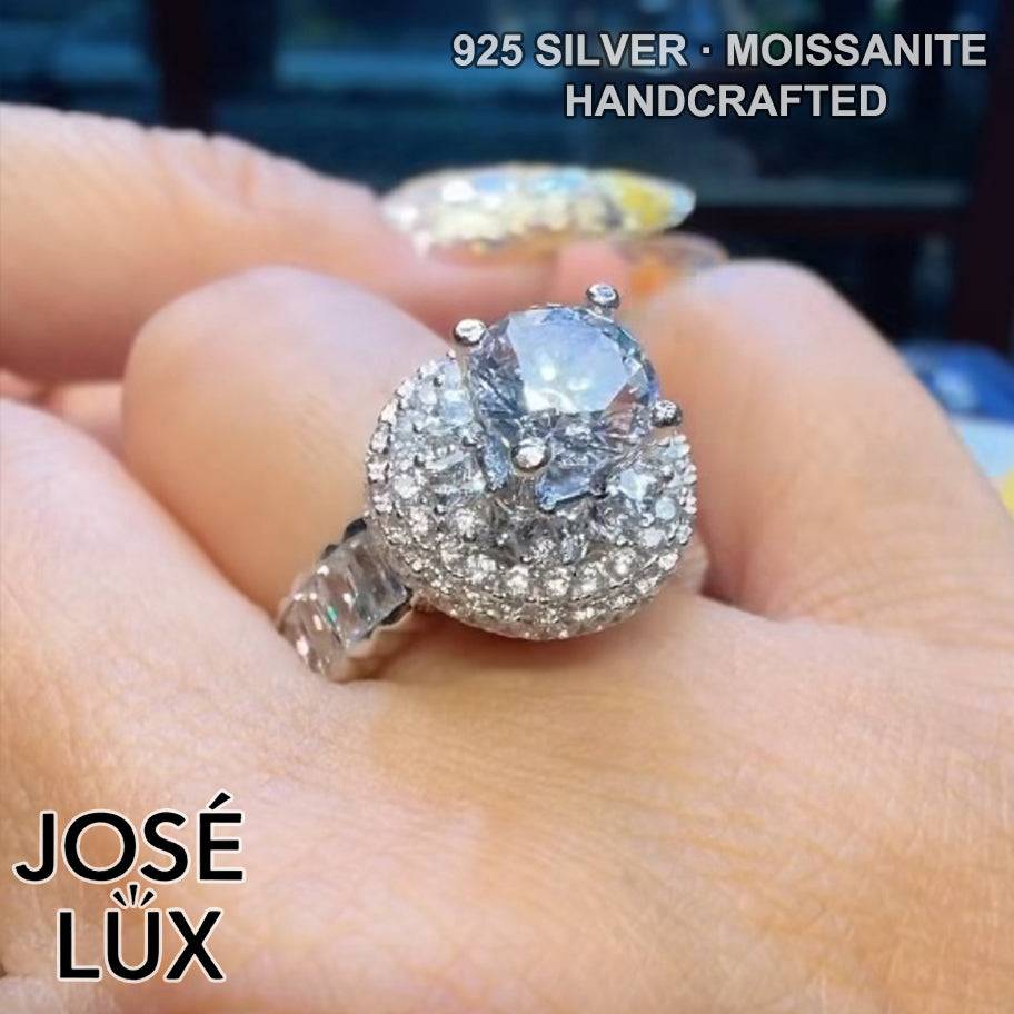 Handmade Five-Row Halo Moissanite Ring — 925 Sterling Silver, Rhodium Plated White Gold Finish, GRA Moissanite