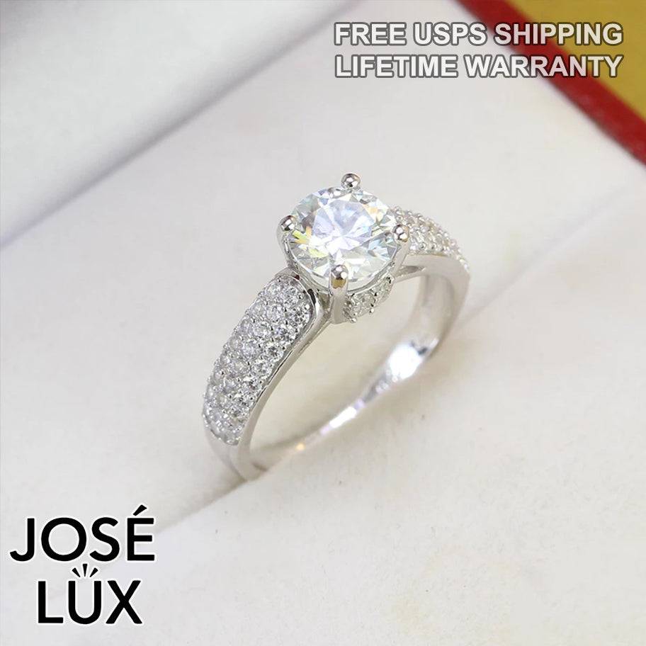 Handmade Triple Row Micropavé Ring — 925 Sterling Silver, Rhodium Plated White Gold Finish, GRA Moissanite 1.2ct