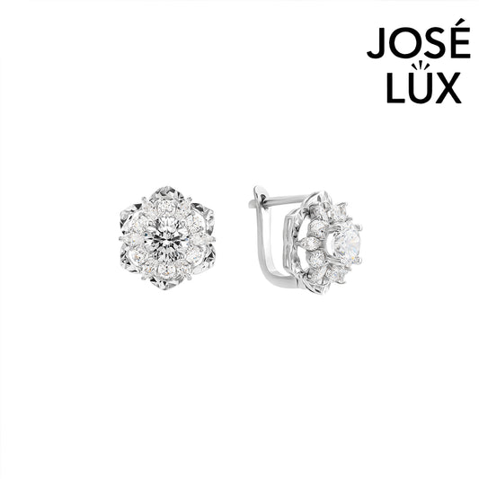 Handmade Moissanite Flower Leverback Earrings 10K White Gold — GRA Certified Center Stone