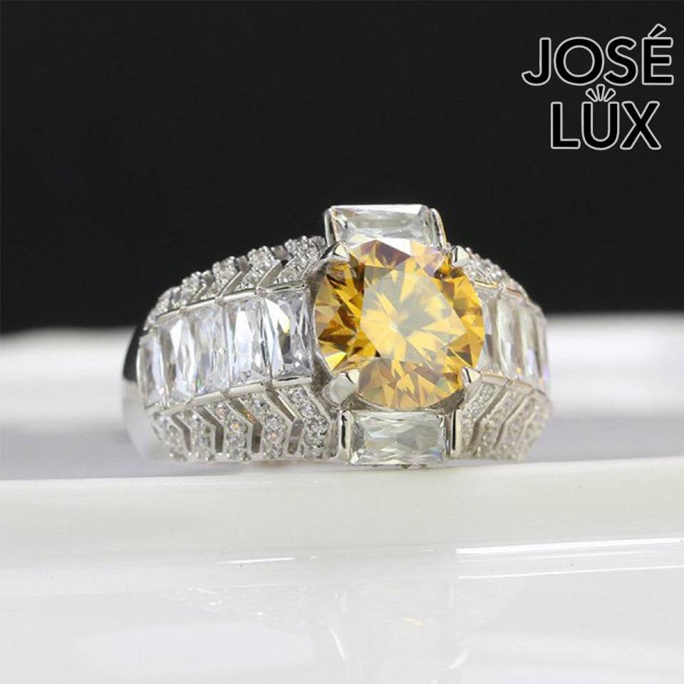 Handmade Men's Round Center Ring with Baguette Side Stones and Chevron Pavé — 925 Sterling Silver, Rhodium Plated White Gold Finish, Moissanite & CZ