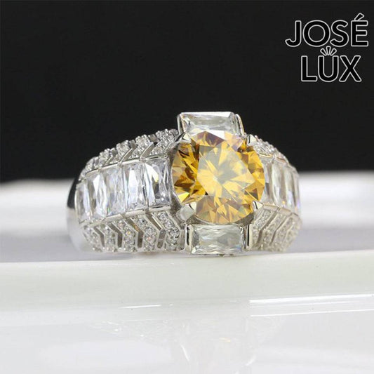 Handmade Men's Round Center Ring with Baguette Side Stones and Chevron Pavé — 925 Sterling Silver, Rhodium Plated White Gold Finish, Moissanite & CZ