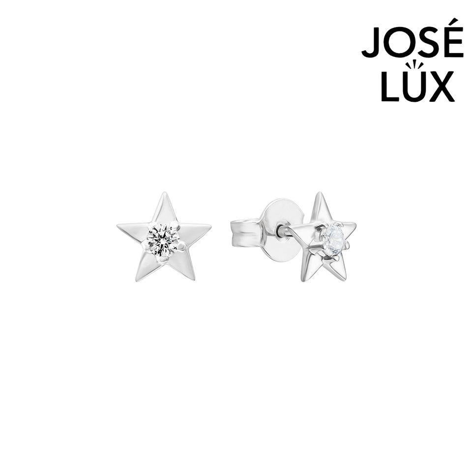 Handmade Star Stud Earrings — 925 Sterling Silver, Rhodium Plated White Gold Finish, Swiss CZ Center Stone