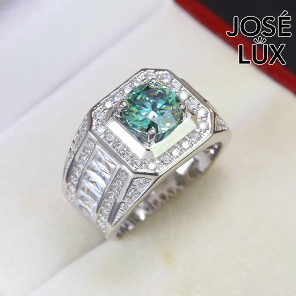 Handmade Men's Green Moissanite Square Halo Ring — 925 Sterling Silver, Rhodium Plated White Gold Finish, GRA Moissanite