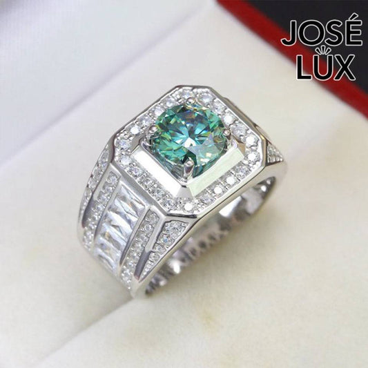 Handmade Men's Green Moissanite Square Halo Ring — 925 Sterling Silver, Rhodium Plated White Gold Finish, GRA Moissanite