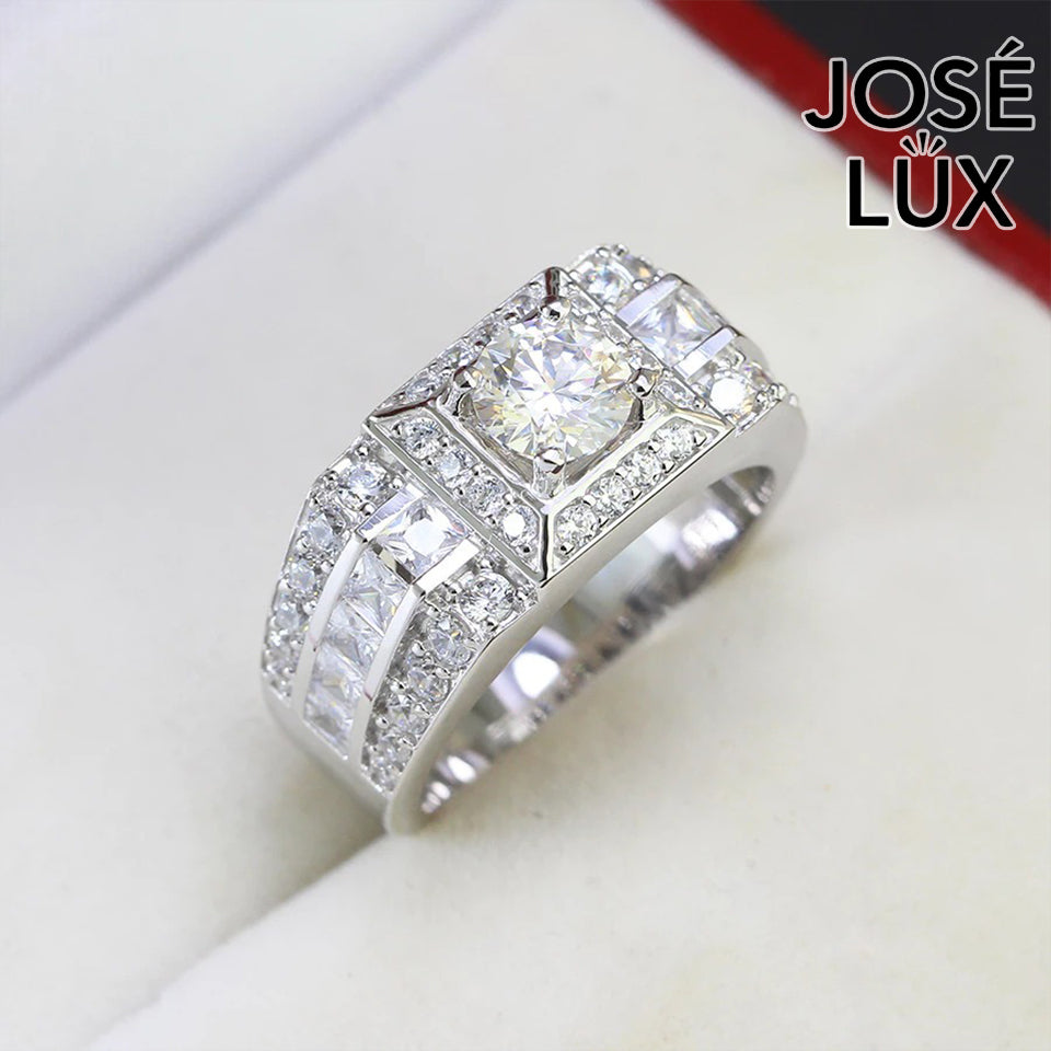 Handmade Men's Moissanite Halo Solitaire Ring — Princess Channel Band, 925 Sterling Silver, Rhodium Plated White Gold Finish