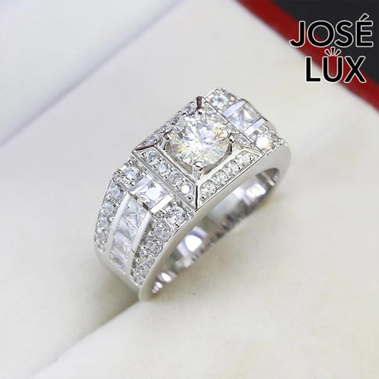 Handmade Men's Moissanite Halo Solitaire Ring — Princess Channel Band, 925 Sterling Silver, Rhodium Plated White Gold Finish