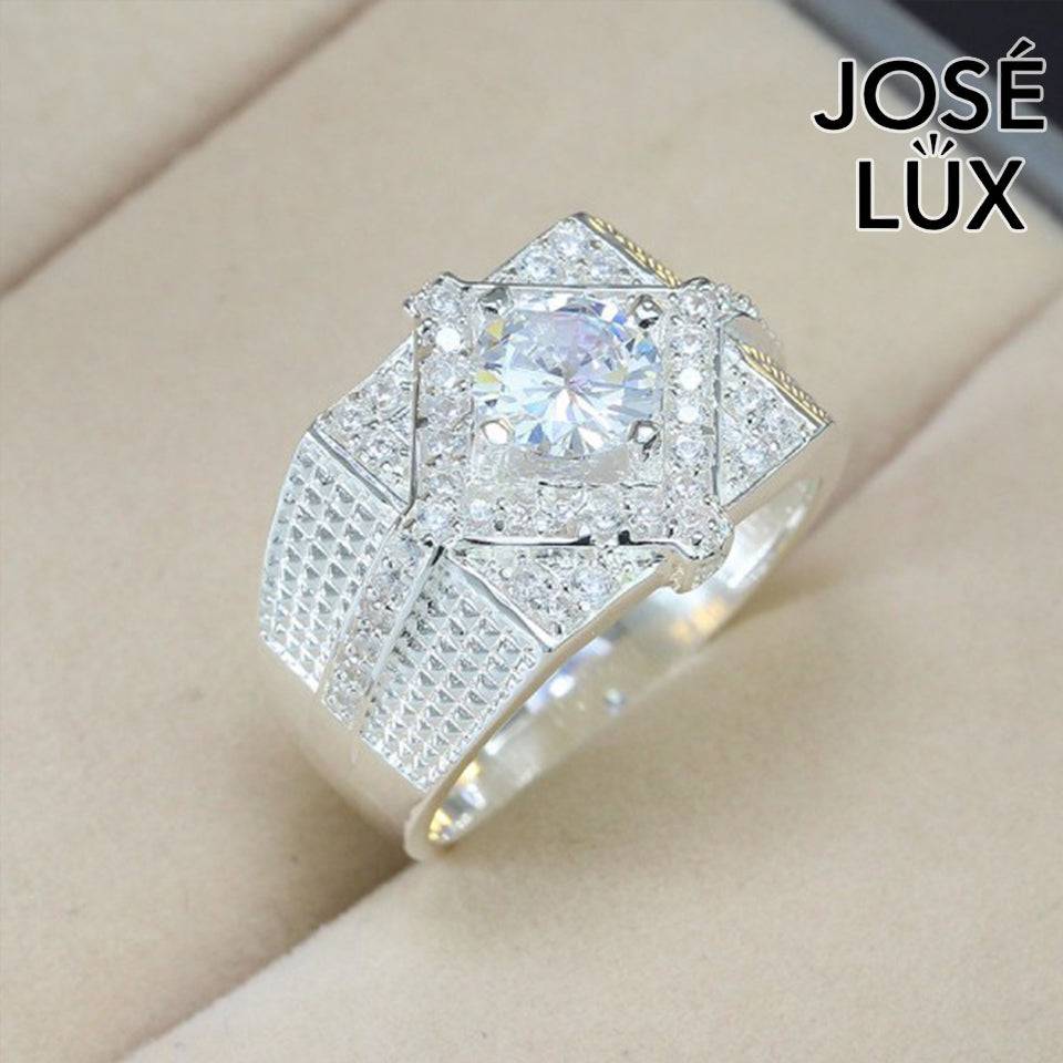 Handmade Men’s Diamond-Shape Halo CZ Ring — 925 Sterling Silver, Rhodium Plated White Gold Finish, Swiss-Certified CZ