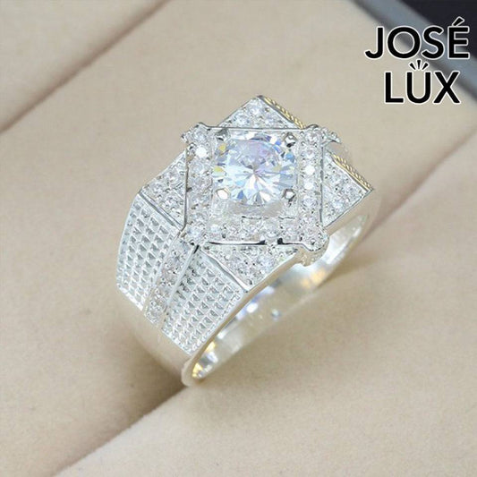 Handmade Men’s Diamond-Shape Halo CZ Ring — 925 Sterling Silver, Rhodium Plated White Gold Finish, Swiss-Certified CZ