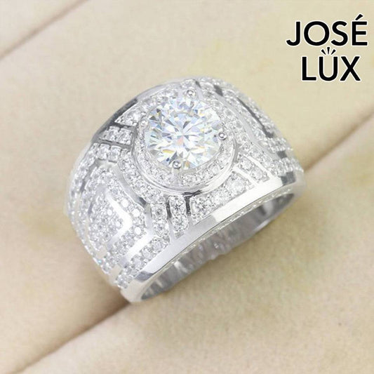Handmade Men's Round Center Ring with Full Pavé Halo — 925 Sterling Silver, Rhodium Plated White Gold Finish, Blue-Green Moissanite & CZ