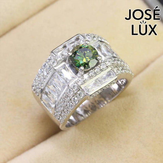 Handmade Men's Green Moissanite Wide Band Ring — 925 Sterling Silver, Rhodium Plated White Gold Finish, GRA Moissanite