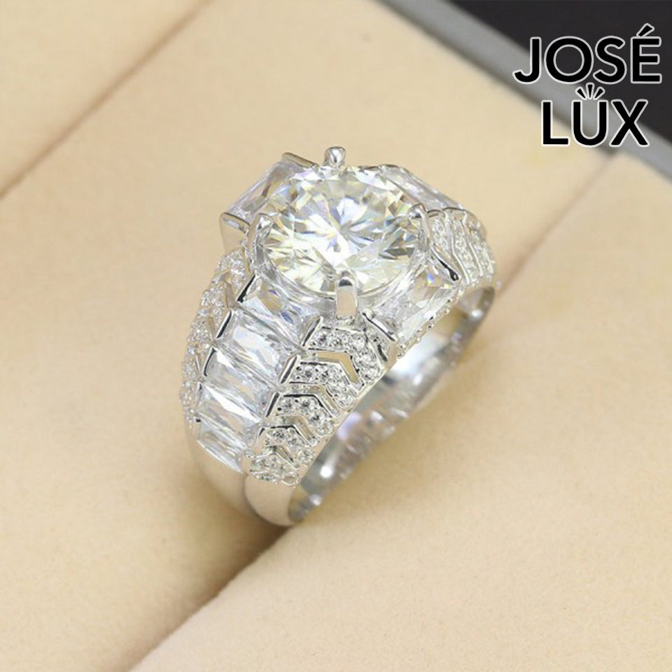 Handmade Men's Round Center Ring with Baguette Side Stones and Chevron Pavé — 925 Sterling Silver, Rhodium Plated White Gold Finish, Moissanite & CZ