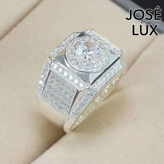 Handmade Men’s Double Halo CZ Ring — 925 Sterling Silver, Rhodium Plated White Gold Finish, Swiss-Certified CZ