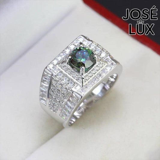 Handmade Men’s Double Square Halo Ring — 925 Sterling Silver, Rhodium Plated White Gold Finish, GRA Moissanite