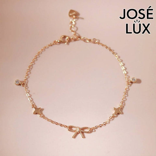 Handmade Celestial Bow Charm Bracelet — 925 Sterling Silver, 14K Gold-Plated Finish, CZ Accents