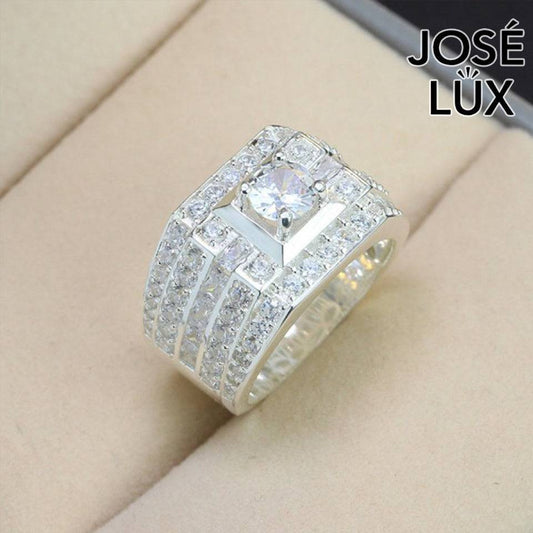 Handmade Men’s Cluster CZ Wide Band Ring — 925 Sterling Silver, Rhodium Plated White Gold Finish, Swiss-Certified CZ