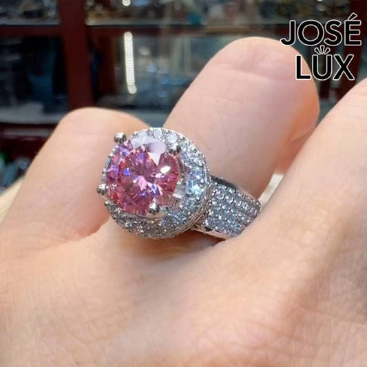 Handmade Pink Moissanite Halo Ring — 925 Sterling Silver, Rhodium Plated White Gold Finish, GRA Moissanite