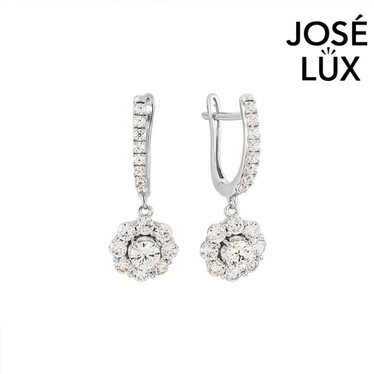 Handmade Moissanite Flower Drop Earrings 10K White Gold — GRA Certified Center Stone