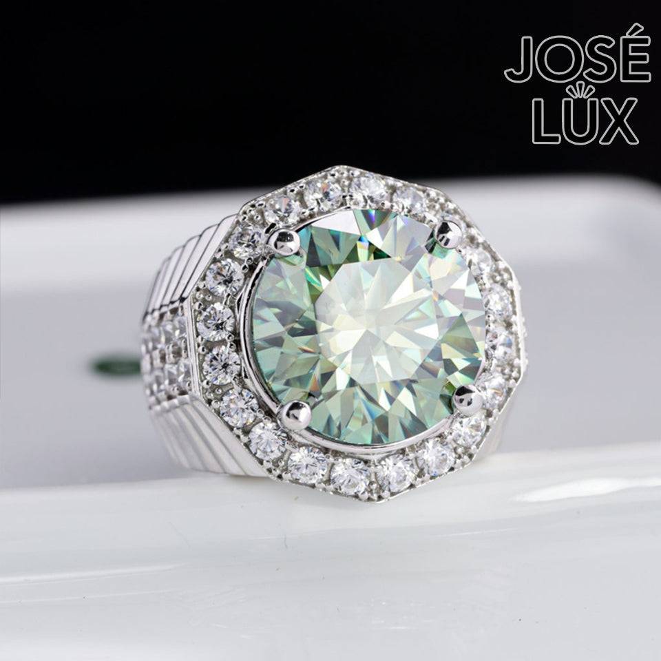 Handmade Men's Halo Ring — 925 Sterling Silver, Rhodium Plated White Gold Finish, 15mm Blue-Green Moissanite & Swiss CZ Halo
