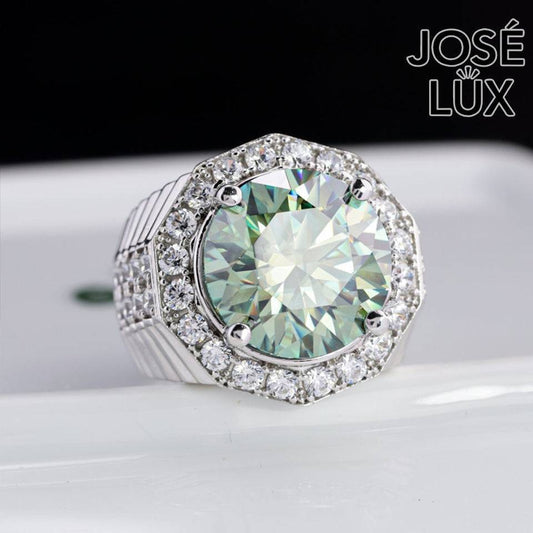 Handmade Men's Halo Ring — 925 Sterling Silver, Rhodium Plated White Gold Finish, 15mm Blue-Green Moissanite & Swiss CZ Halo