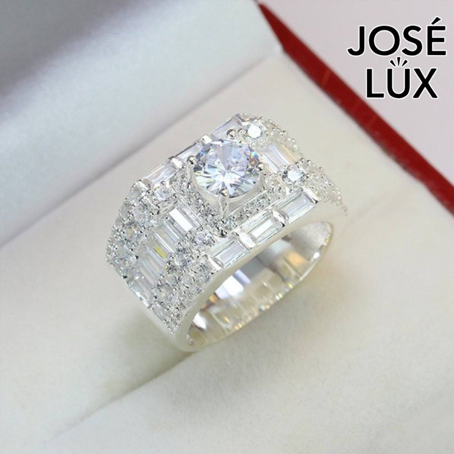 Handmade Men’s Wide-Band Baguette CZ Ring — 925 Sterling Silver, Rhodium Plated White Gold Finish, Swiss-Certified CZ