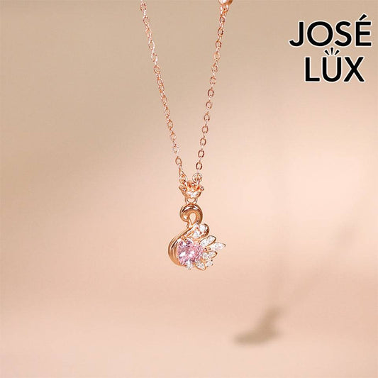 Handmade Swan Pendant Necklace — 925 Sterling Silver, Rose Gold Rhodium Plating, Pink CZ Heart Body, White CZ Crown and Tail