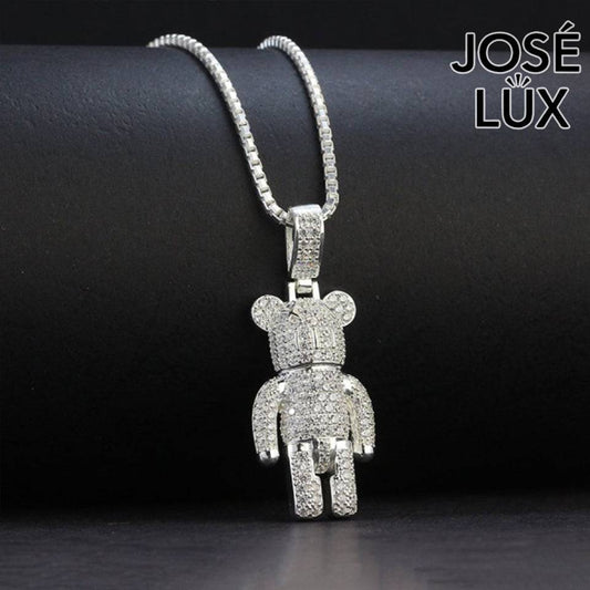 Handmade Iced Out Brick Bear Pendant Necklace for Men — 925 Sterling Silver, Rhodium Plated White Gold Finish, Swiss CZ
