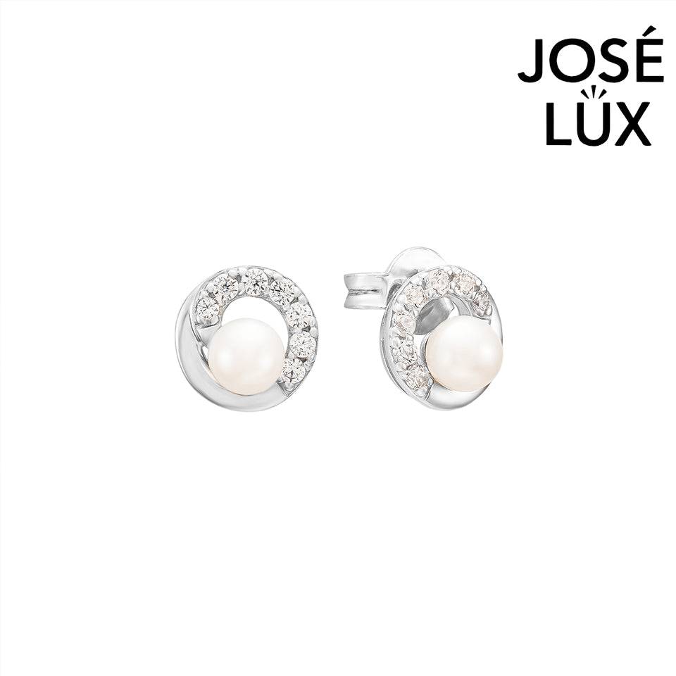 Handmade Pearl Crescent CZ Stud Earrings — 925 Sterling Silver, Freshwater Pearl, Rhodium Plated White Gold Finish, Swiss CZ