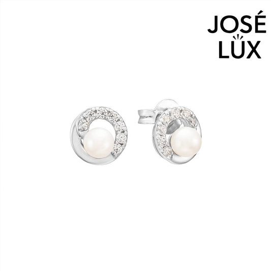 Handmade Pearl Crescent CZ Stud Earrings — 925 Sterling Silver, Freshwater Pearl, Rhodium Plated White Gold Finish, Swiss CZ