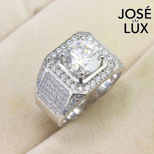 Handmade Men's Square Halo Ring — 925 Sterling Silver, Rhodium Plated White Gold Finish, 4ct Moissanite & CZ