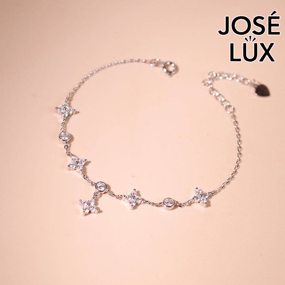 Handmade CZ 4 Petal Flower Station Bracelet — 925 Sterling Silver, Rhodium-Plated White Gold Finish