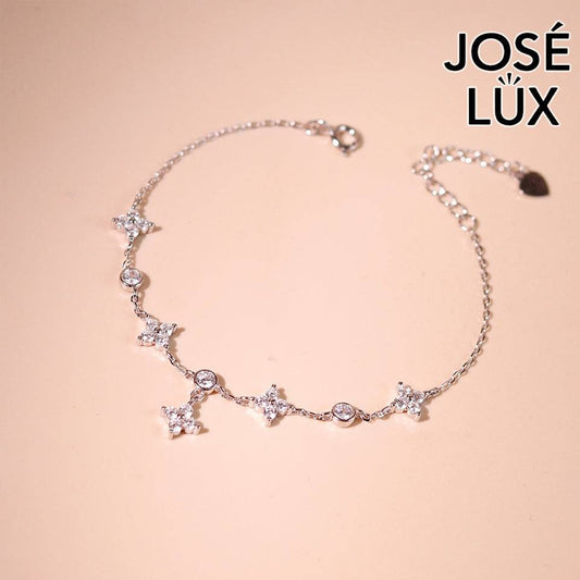 Handmade CZ 4 Petal Flower Station Bracelet — 925 Sterling Silver, Rhodium-Plated White Gold Finish
