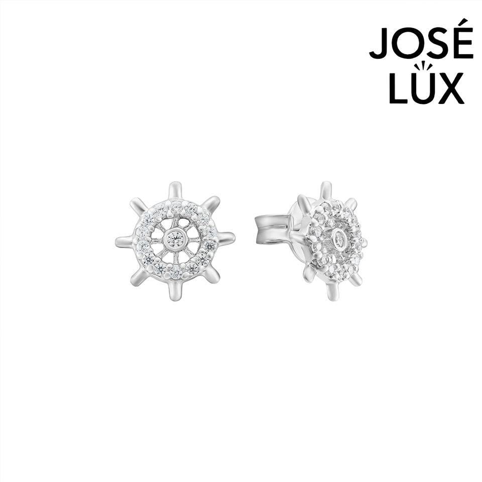 Handmade Ship Wheel Stud Earrings — 925 Sterling Silver, Rhodium Plated White Gold Finish, Swiss CZ