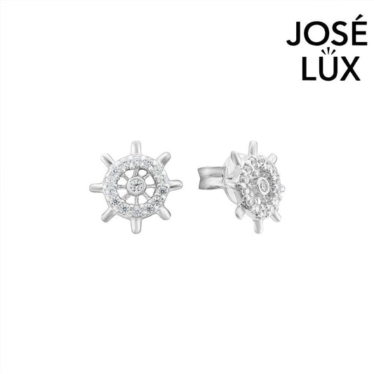 Handmade Ship Wheel Stud Earrings — 925 Sterling Silver, Rhodium Plated White Gold Finish, Swiss CZ