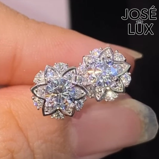 Handmade Moissanite Lotus Flower Stud Earrings — 925 Sterling Silver, Rhodium Plated White Gold Finish, GRA Moissanite