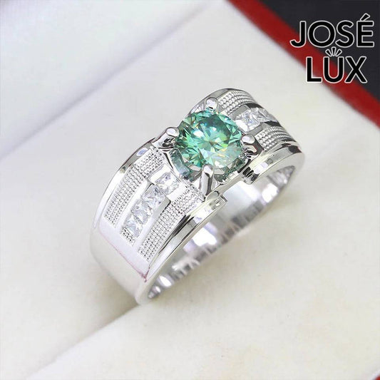 Handmade Men's Green Moissanite Solitaire Ring — 925 Sterling Silver, Rhodium Plated White Gold Finish, GRA Certified