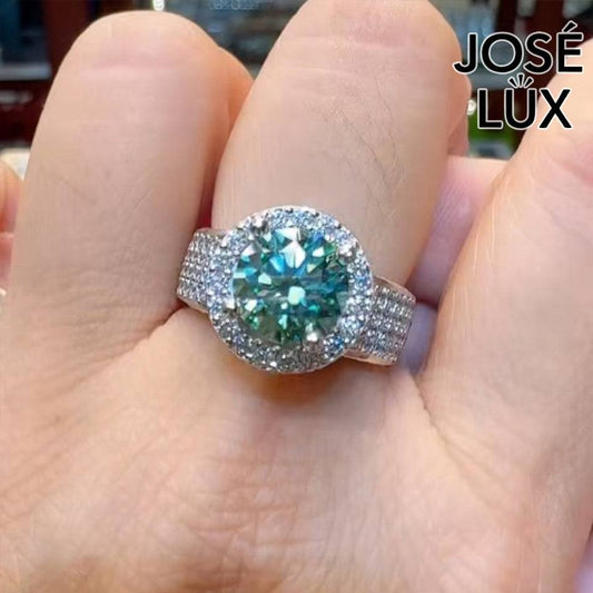 Handmade Green Moissanite Halo Ring — 925 Sterling Silver, Rhodium Plated White Gold Finish, GRA Moissanite
